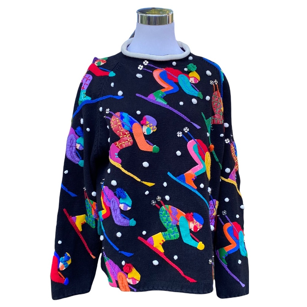 Vintage Michael Simon Sweater M Colorful Appliqué Downhill Ski